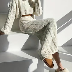 Twist Pattern Knitted Two piece Set Long Sleeve Crop Top & Split Maxi Skirt