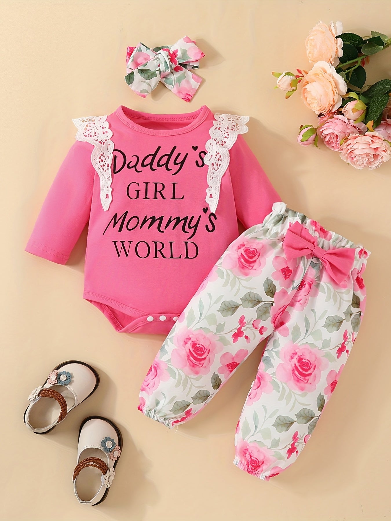 Baby Girls Letter Triangle Bodysuit Floral Bow 3pcs Set