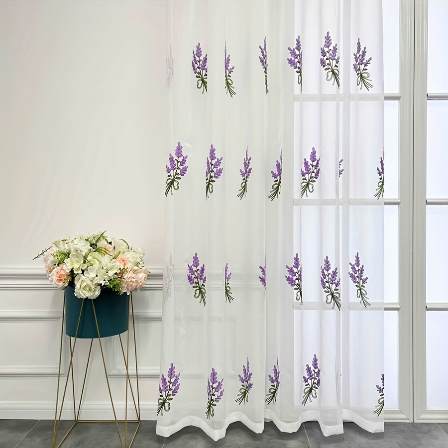 Embroidered Curtain Purple Lavender Flower Tulle Sheer Curtain