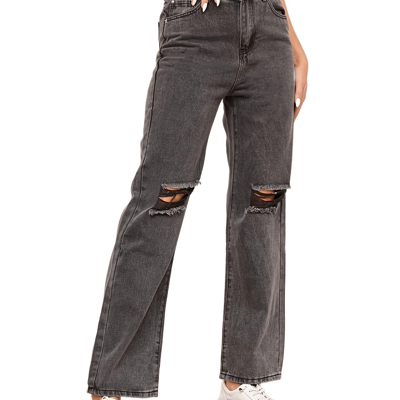 Grey Ripped Straight Jeans Distressed Slash Pockets Loose Fit Denim Pants