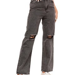 Grey Ripped Straight Jeans Distressed Slash Pockets Loose Fit Denim Pants