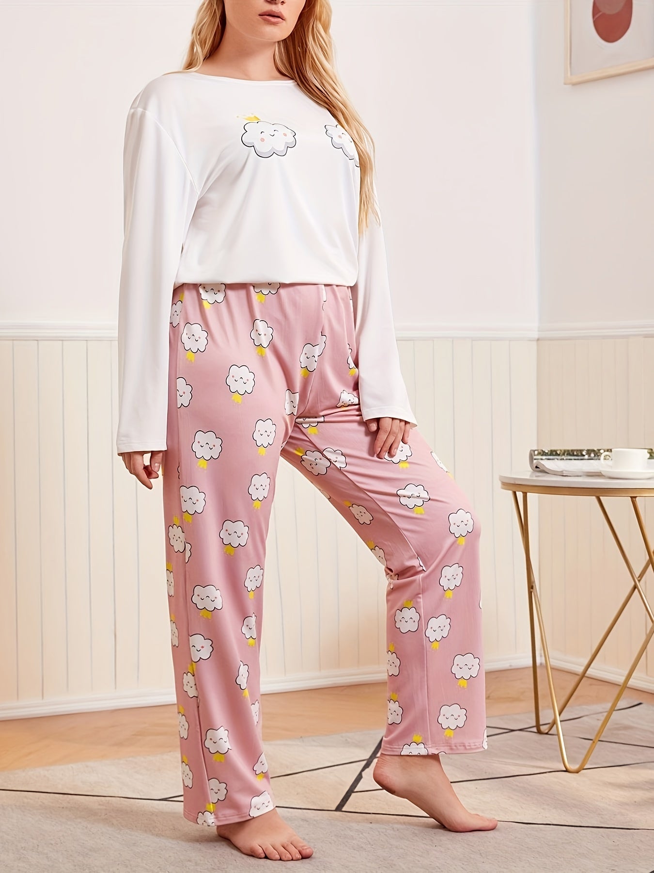 Cloud Print Pajama Set Round Neck Tee & Pants Lounge Two Piece