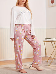 Cloud Print Pajama Set Round Neck Tee & Pants Lounge Two Piece