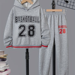 Boy's Basketball Print Hoodie & Sweatpants Set for Spring Fall