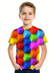 Boys 3D Cube Graphic T Shirt Active Stretchy Perfect Summer Outing