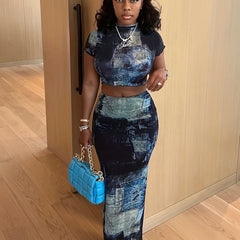 Print Two Piece Skirt Set Mock Neck Crop Top & High Waist Bodycon Skirt