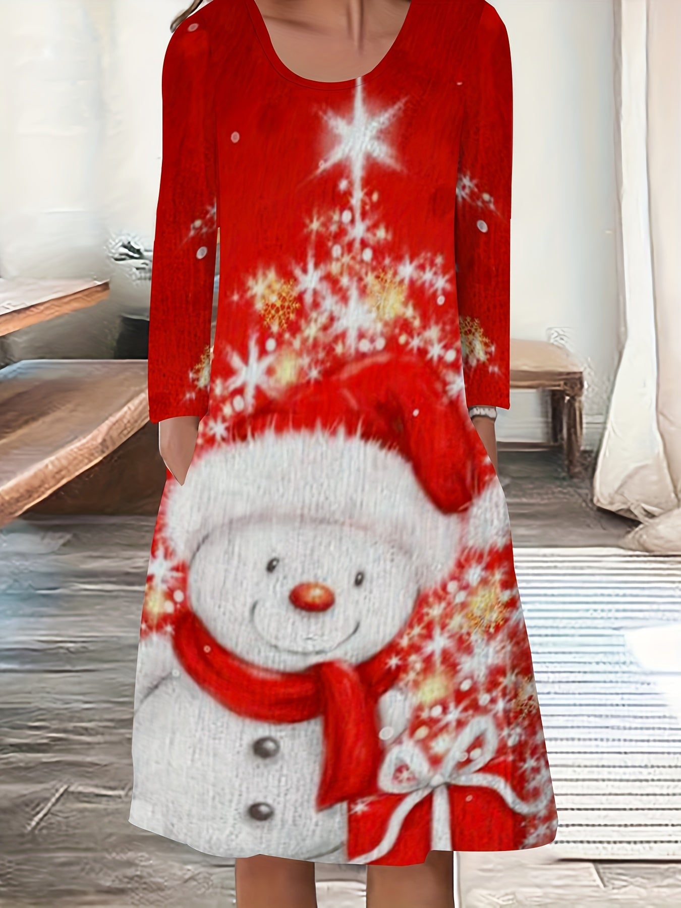 Christmas Snowman Print Long Sleeve Dress