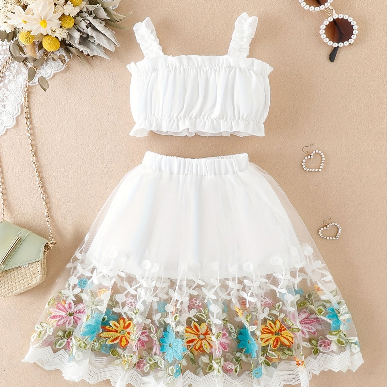 2pcs Baby Girls Camisole Top & Mesh Flower Skirt Set