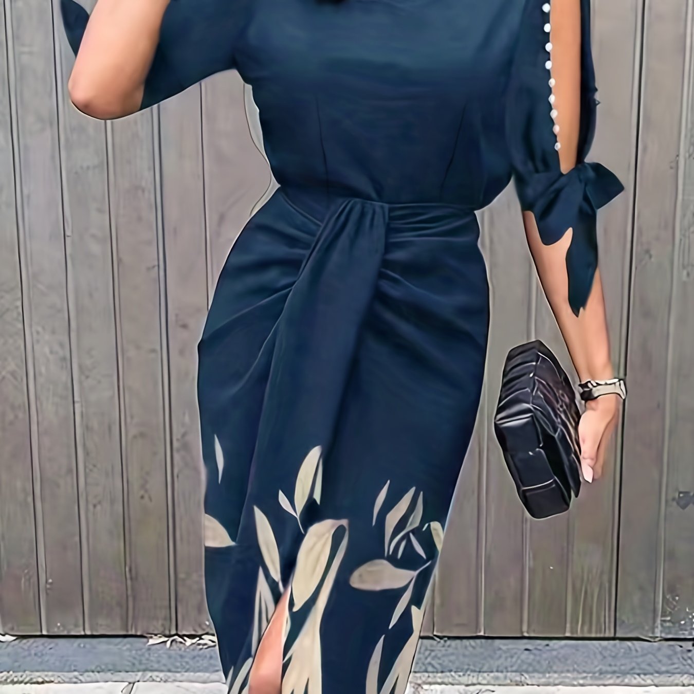 Floral Print Beaded Bodycon Dress with Cut Out Split