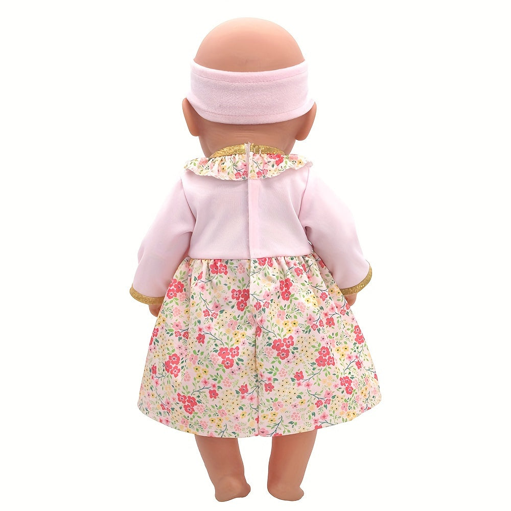 43 Doll Pink Floral Dress with Golden Trim Bodysuit Set