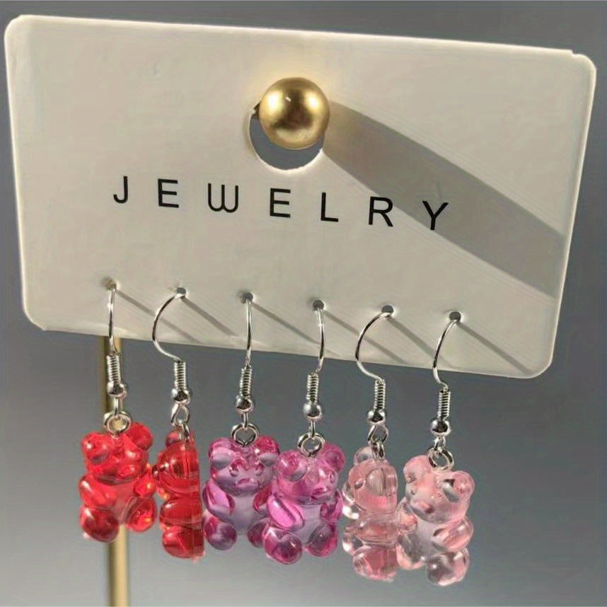 3 Pairs Candy Bear Charm Drop Earrings Colorful Resin for Kids Girls