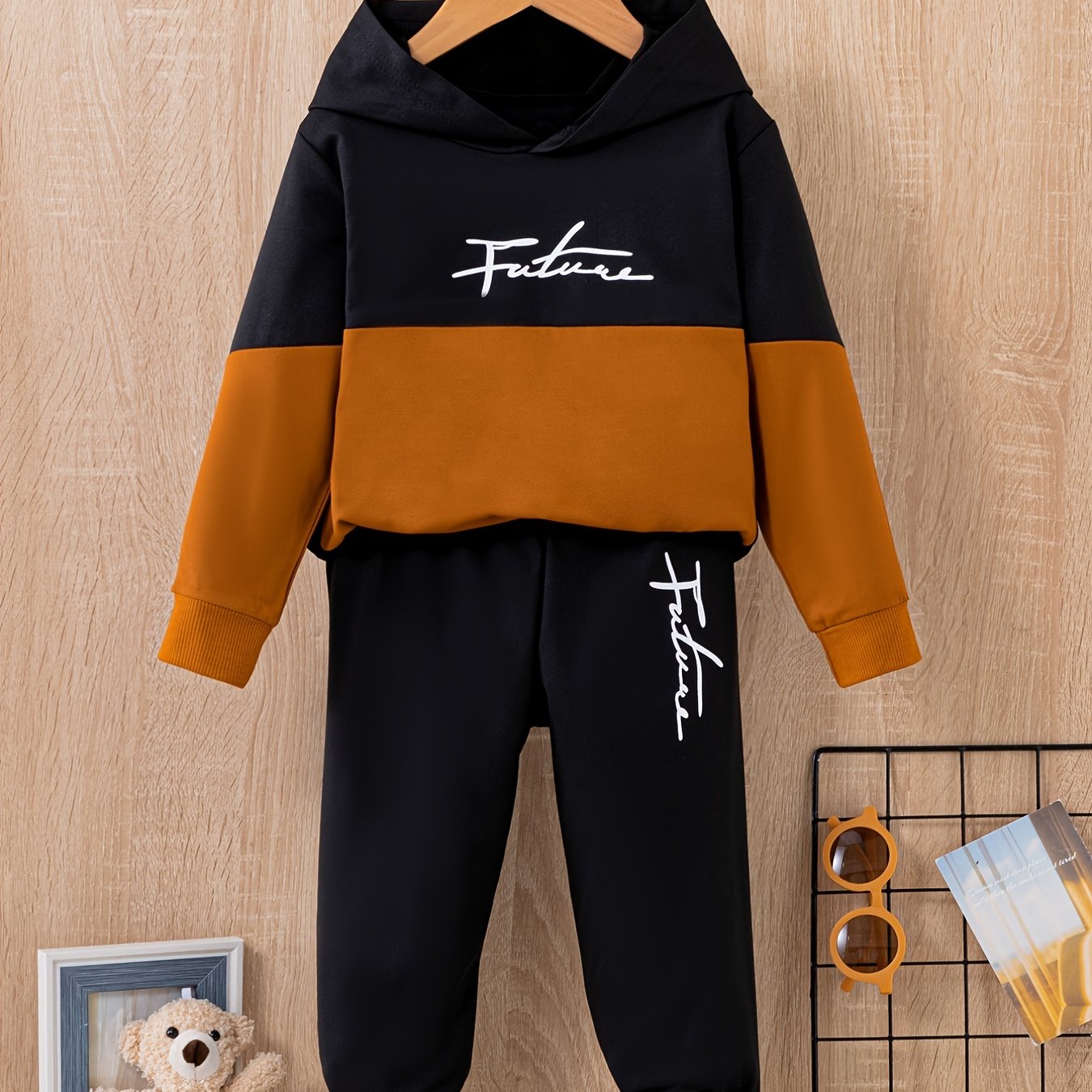 Boy's FUTURE 2pcs Block Hoodie & Sweatpants Set For Spring Fall