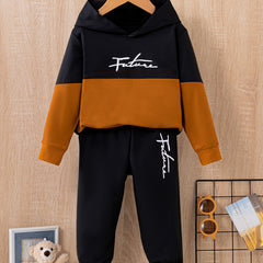Boy's FUTURE 2pcs Block Hoodie & Sweatpants Set For Spring Fall