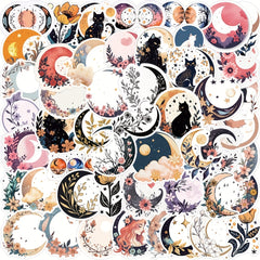 50pcs Moon Flower Cat Doodle Stickers for Laptop Guitar