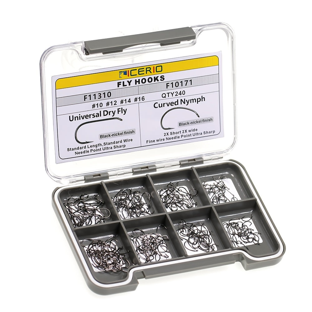 240pcs Fly Tying Hooks for Dry Wet Nymph Shrimp Barbed Curved Size 10 to 16