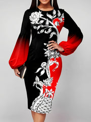 Colorblock Floral Print Lantern Sleeve Midi Dress