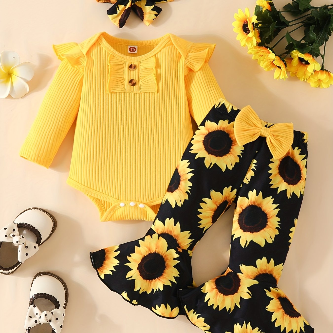 Baby Girl Ruffle Romper Sunflower Print Outfit Set