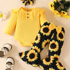 Baby Girl Ruffle Romper Sunflower Print Outfit Set