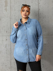 Preppy Denim Top Women's Button Up Roll Sleeve Turn Collar Blouse