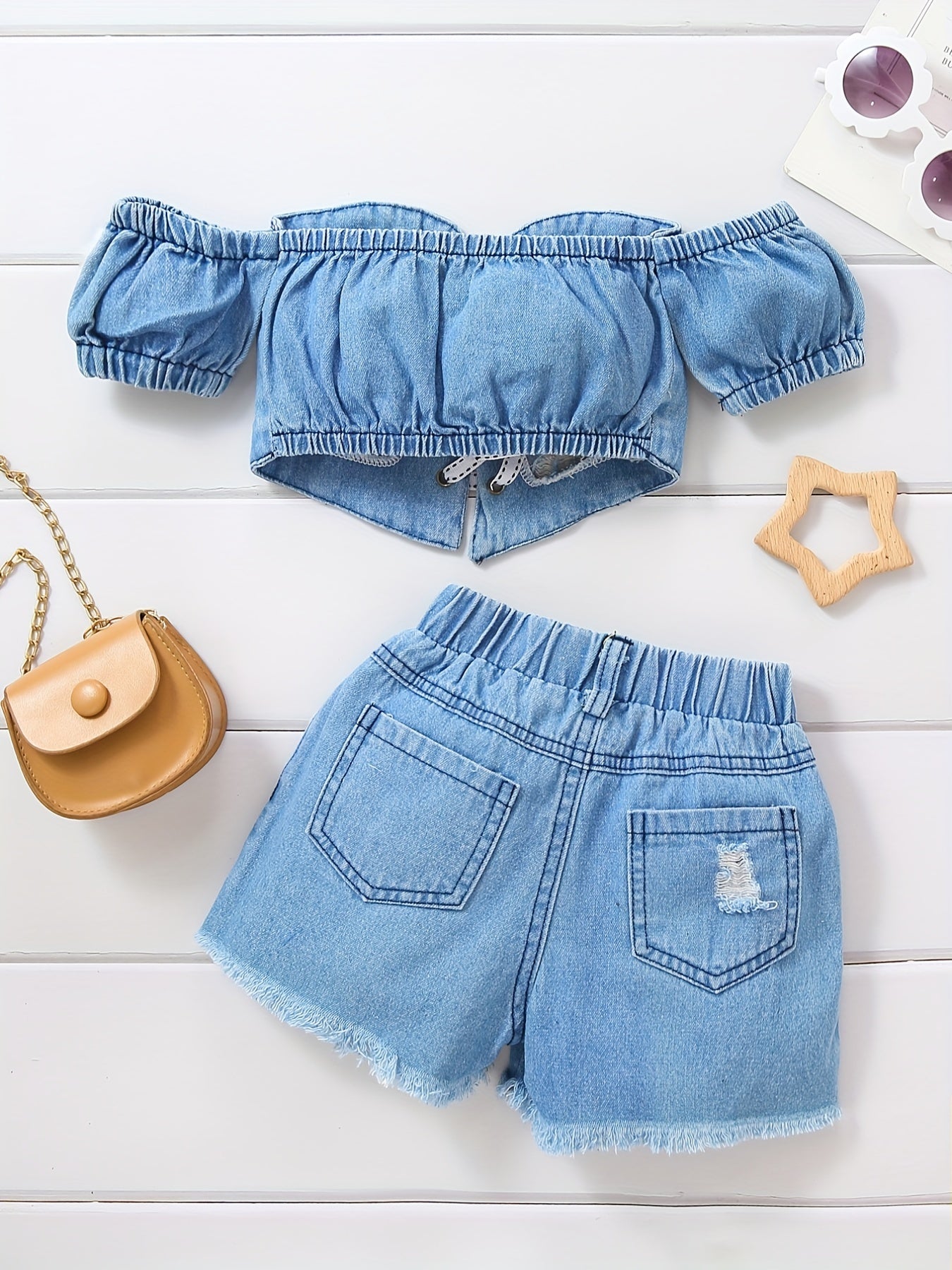 Girls Off Shoulder Denim Top & Ripped Shorts Set
