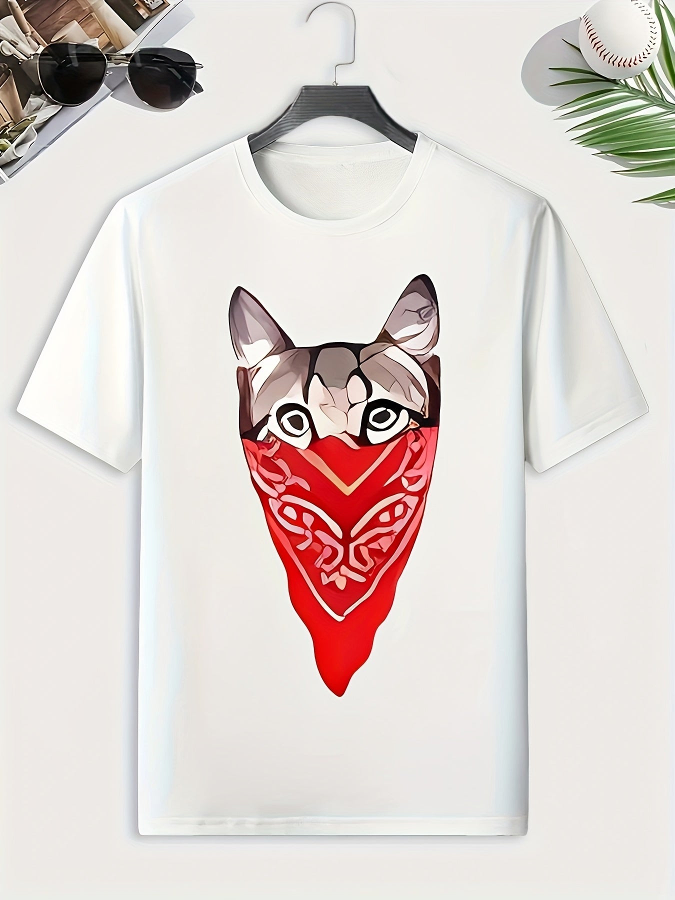 Men's Masked Cat Print Comfy Stretch Tee for Summer