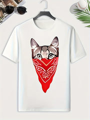 Men's Masked Cat Print Comfy Stretch Tee for Summer