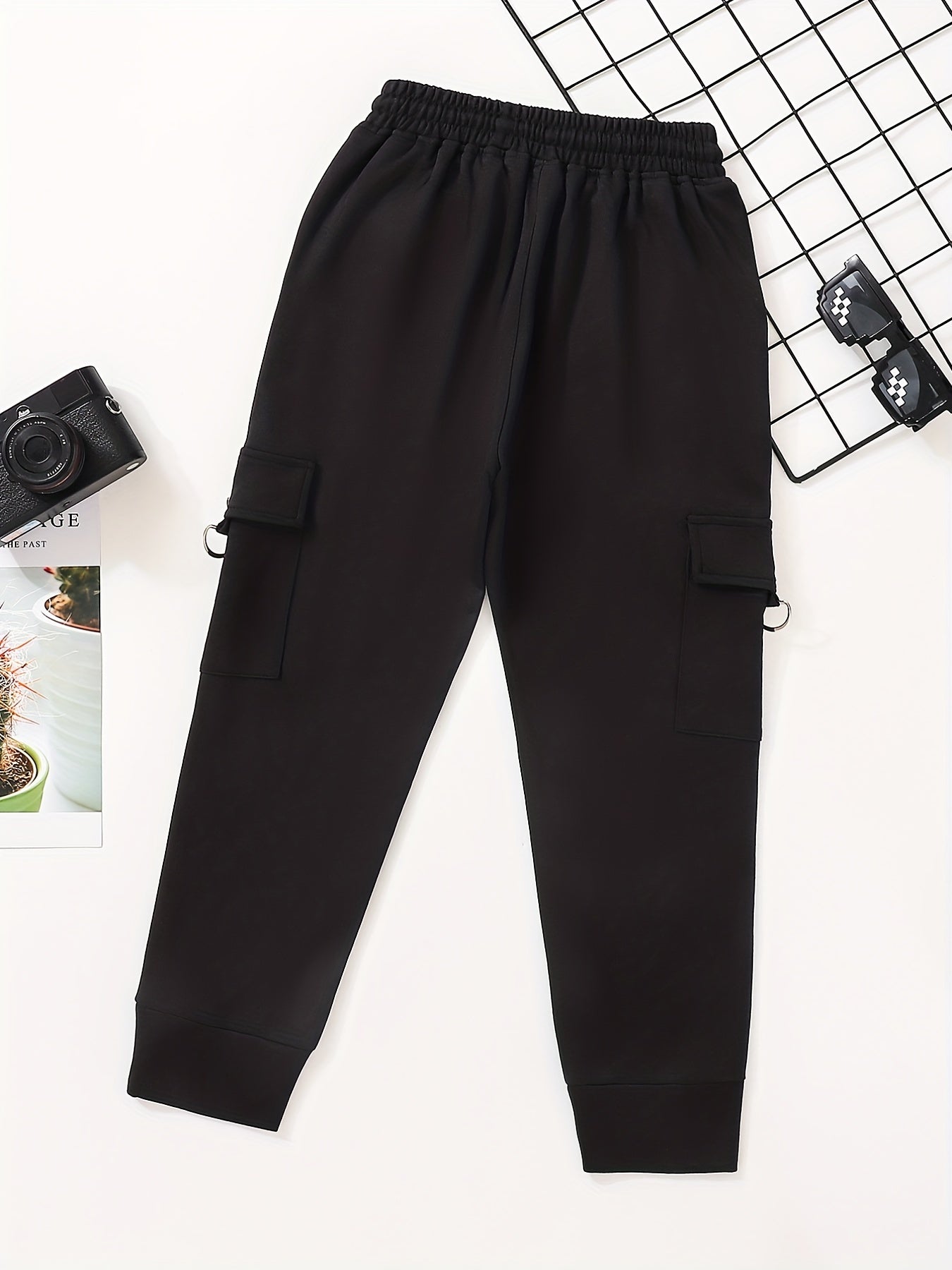 Boys Casual Solid Cargo Pants Elastic Waist Jogger Pants