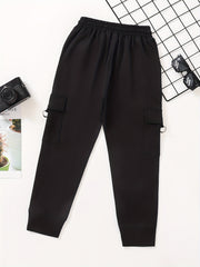 Boys Casual Solid Cargo Pants Elastic Waist Jogger Pants