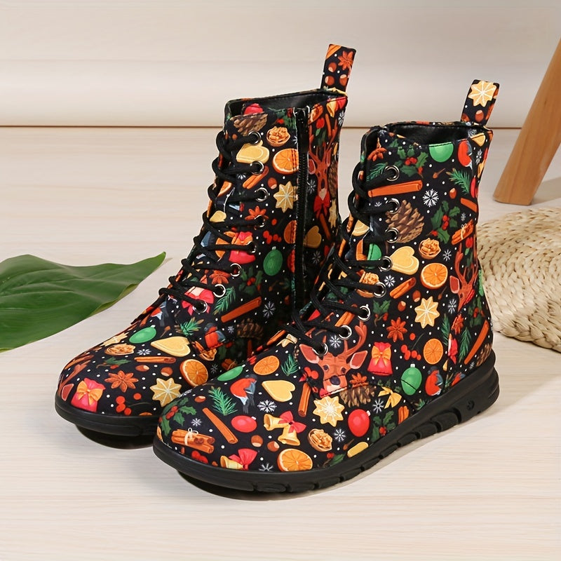 Christmas Print Lace Up Flat Winter Boots