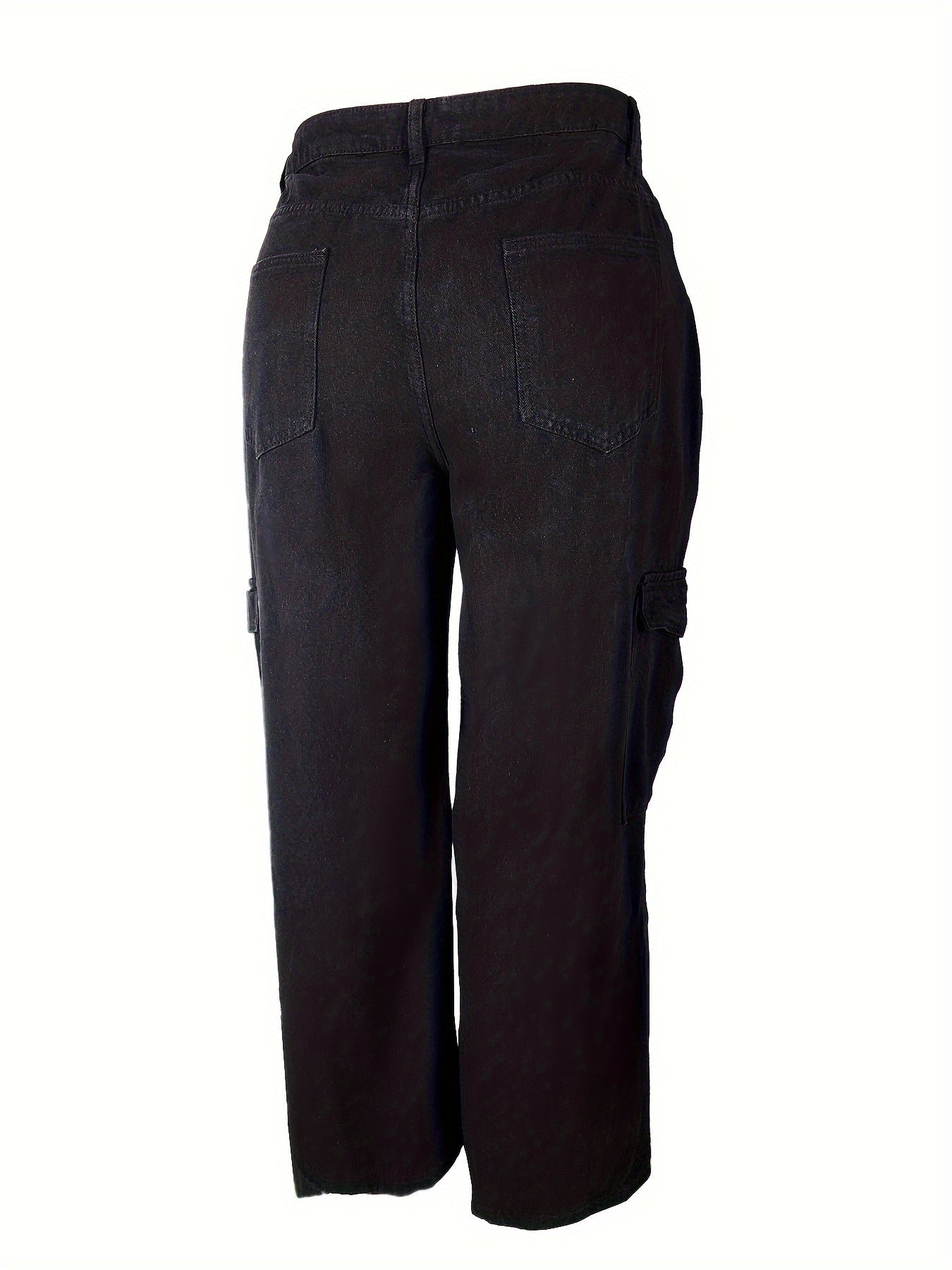 Solid High Rise Wide Leg Cargo Jeans With Pockets