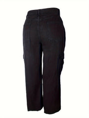 Solid High Rise Wide Leg Cargo Jeans With Pockets