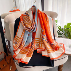 Geometric Horse Print Long Scarf Classic Silk Shawl Vintage