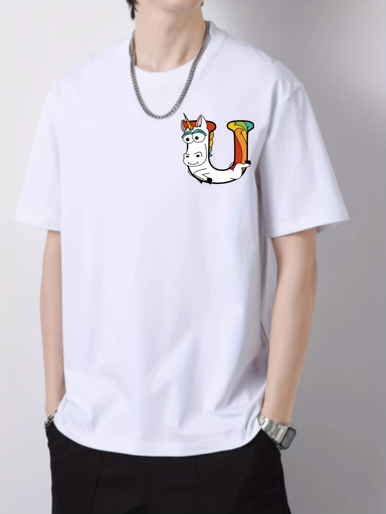 Cartoon Funny Unicorn Print Men's Cotton Graphic Crew Neck T-shirt
