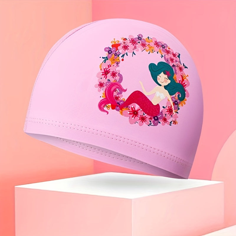Kids PU Waterproof Swim Cap, Cartoon Pattern Ear Protection, High Elasticity