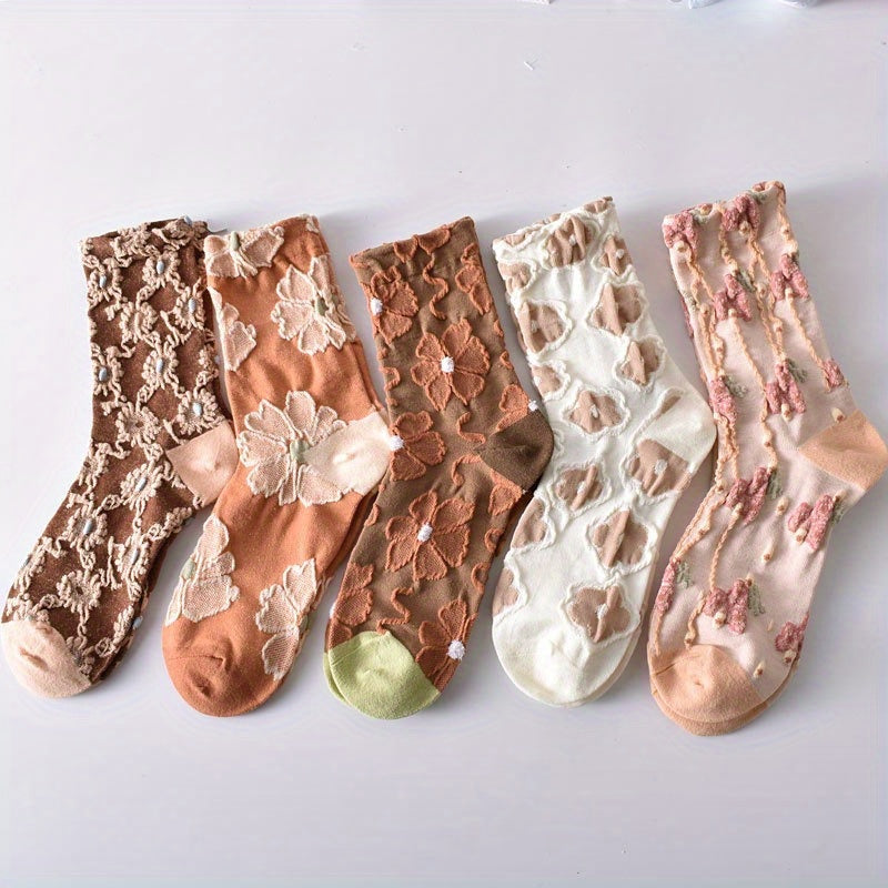 5 Pairs 3D Floral Textured Socks Retro Style All Match Women's Stockings