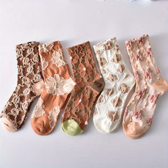 5 Pairs 3D Floral Textured Socks Retro Style All Match Women's Stockings