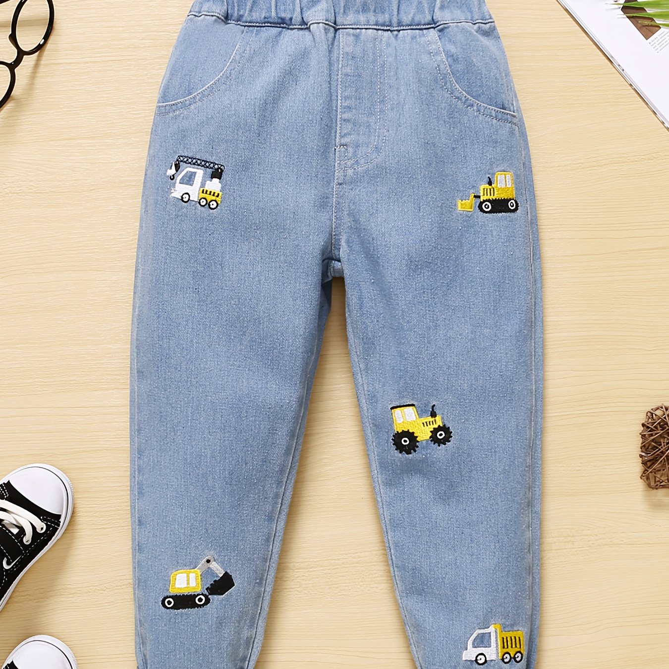 Boys Cartoon Excavator Embroidered Denim Long Pants