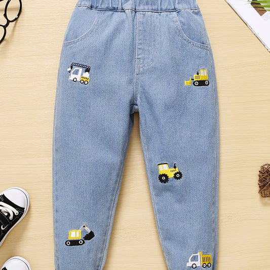 Boys Cartoon Excavator Embroidered Denim Long Pants