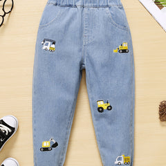 Boys Cartoon Excavator Embroidered Denim Long Pants