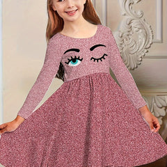 Girls Funny Eyes Print Long Sleeve Dress for Spring