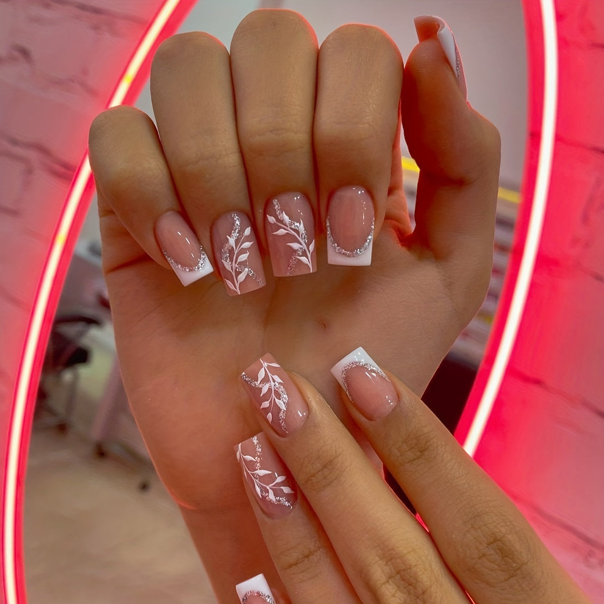 24pcs French Tip Press On Nails Leaves & Glitter Spring Summer Decor