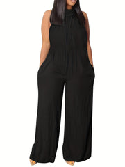 Solid Ruched Jumpsuit High Neck Wide Leg Women's Clothing