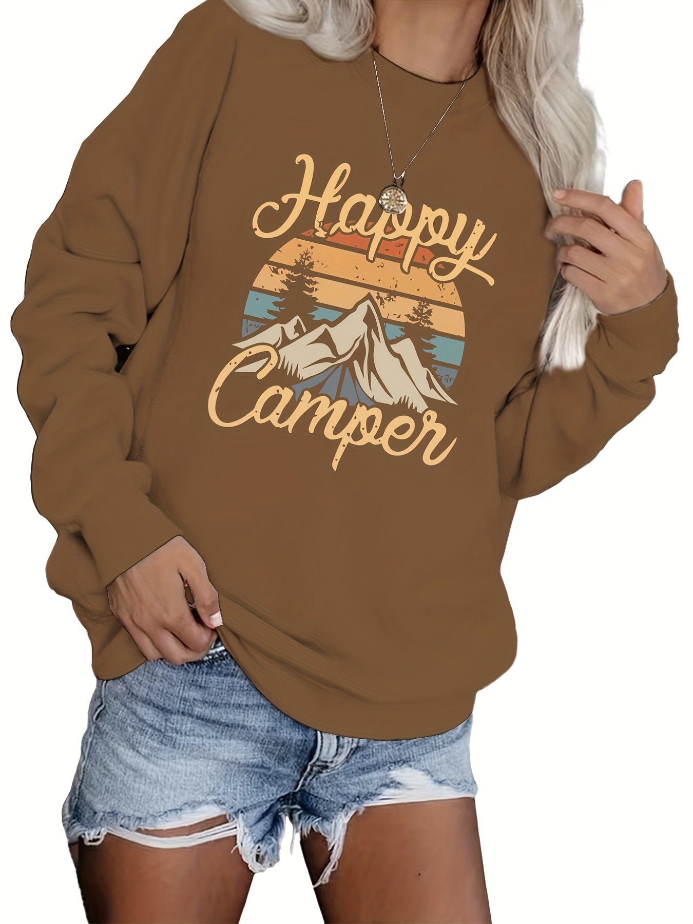 Mountain & Letter Print Pullover Sweatshirt Long Sleeve Crew Neck Sweatsh