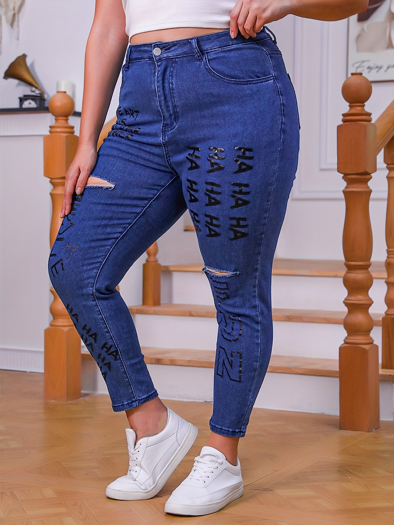 Women's Letter Print Ripped High Rise Skinny Jeans
