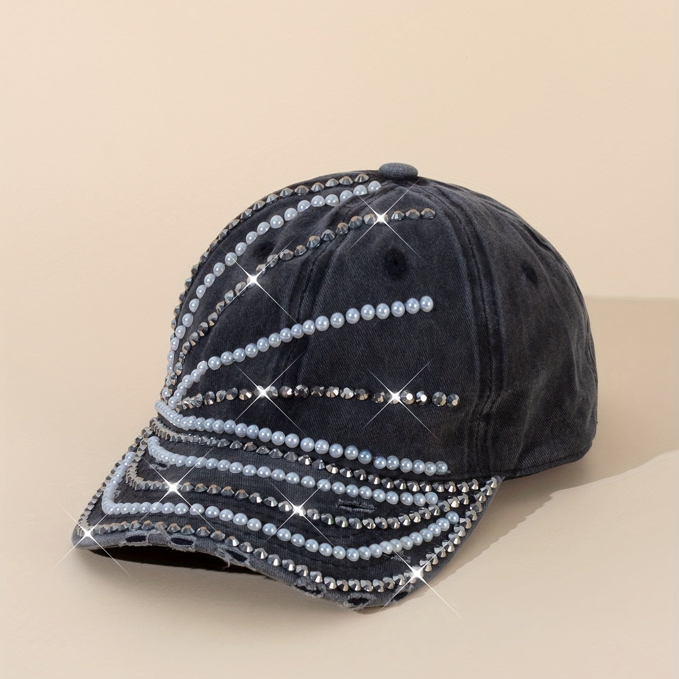 Distressed Ripped Baseball Cap Faux Pearl Rhinestone Vintage Dad Hat