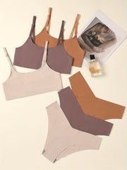 3pcs Solid Bra & Panties Set Full Coverage Seamless Lingerie Women's Underwear