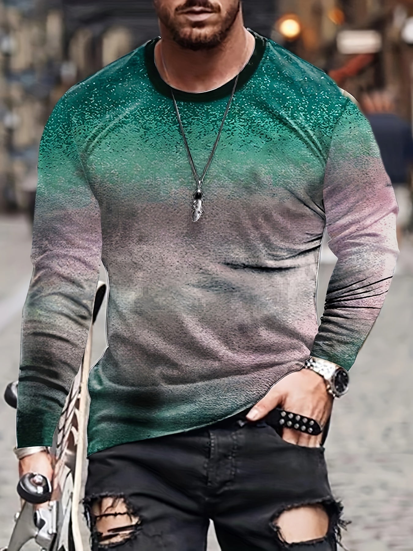 Gradient Men's Long Sleeve Vintage Novelty T-shirt For Autumn