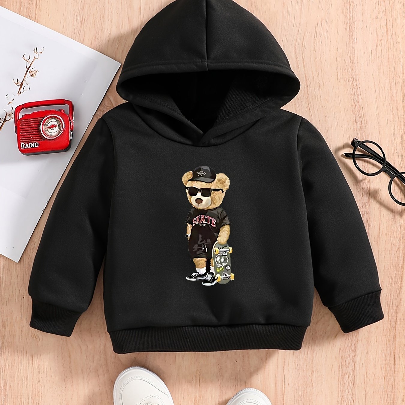 Bear And Skateboard Print Baby Boys Hooded Sweatshirt