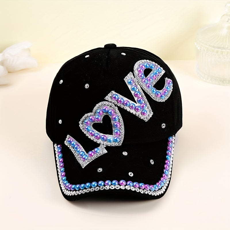 LOVE Patch Baseball Cap Rhinestone Pearl Decor Sun Hat Y2K Dad Hats