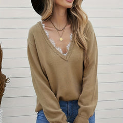 V Neck Lace Flounce Sleeve Sweater